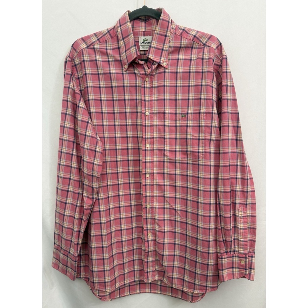 Lacoste Men's Size 42 L‎ Pink Plaid Long Sleeve Button Down Shirt 100% Cotton